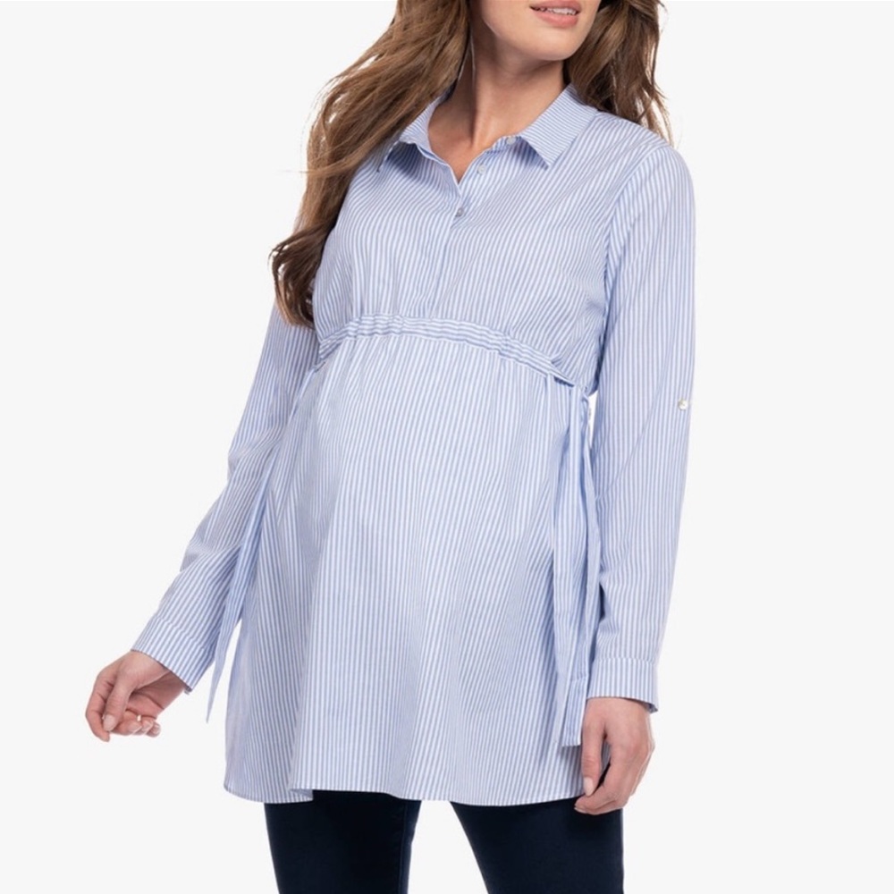 Seraphine Blue White Striped Tie Waist Maternity Top 2